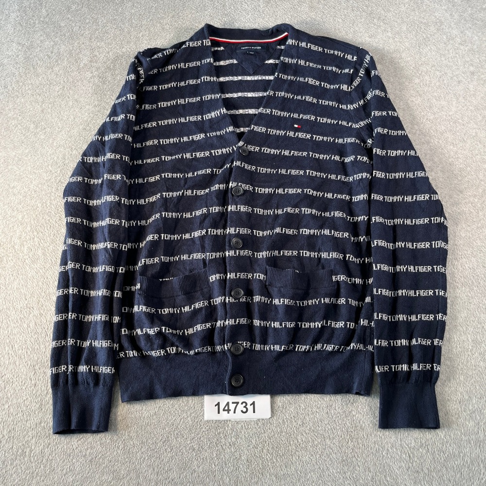 Tommy Hilfiger Cardigan Sweater Mens Large Navy Blue Cotton All Over Logo V Neck